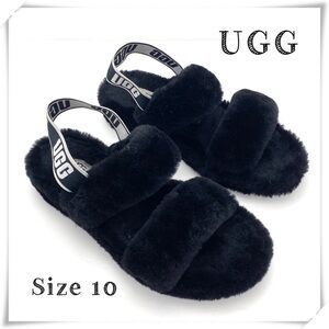 Ugg Oh Yeah Fur Double Strap Flat Sandals In Black Size 10